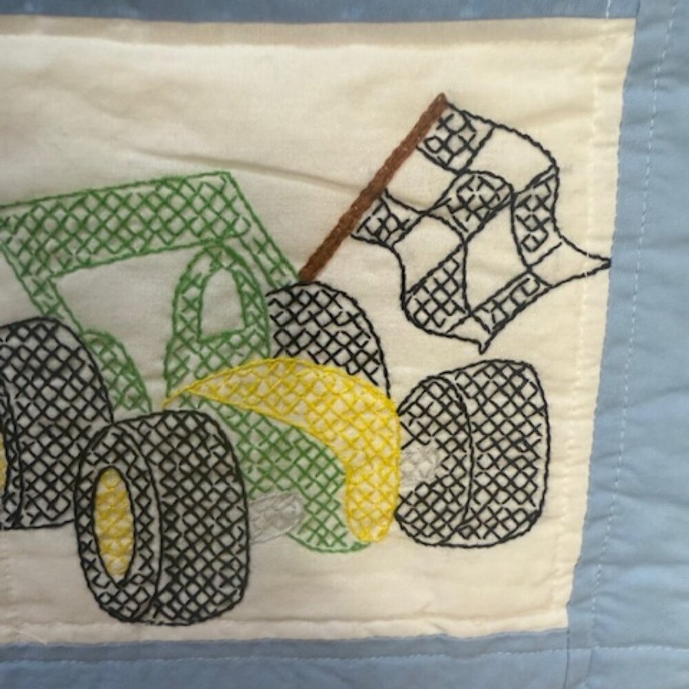 Homemade Embroidered Cross Stitch Baby Boy Blanket Police Fire Dump Truck 39"x26 - Picture 5 of 10